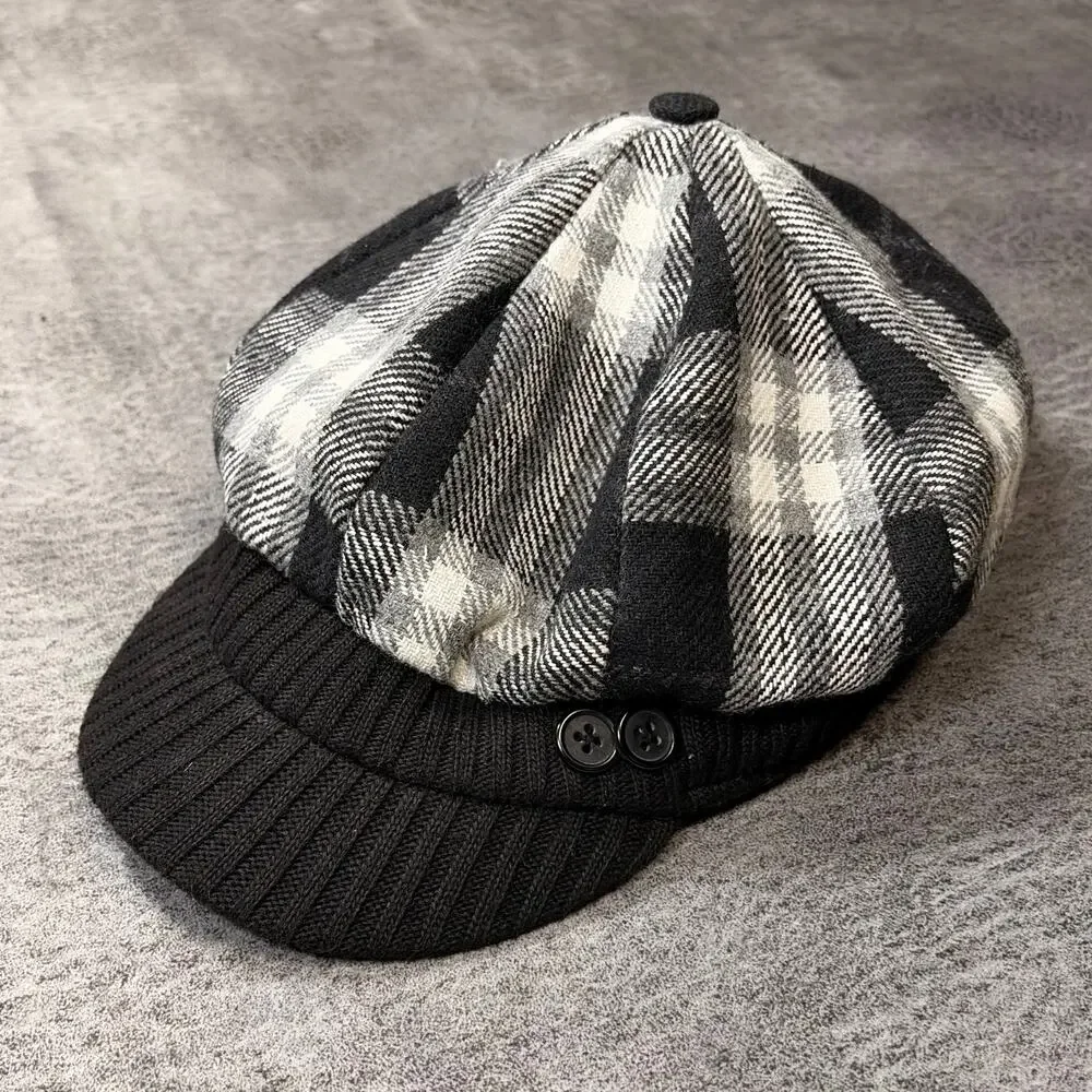 Plaid B&W Ribbed Button Newsboy Cap